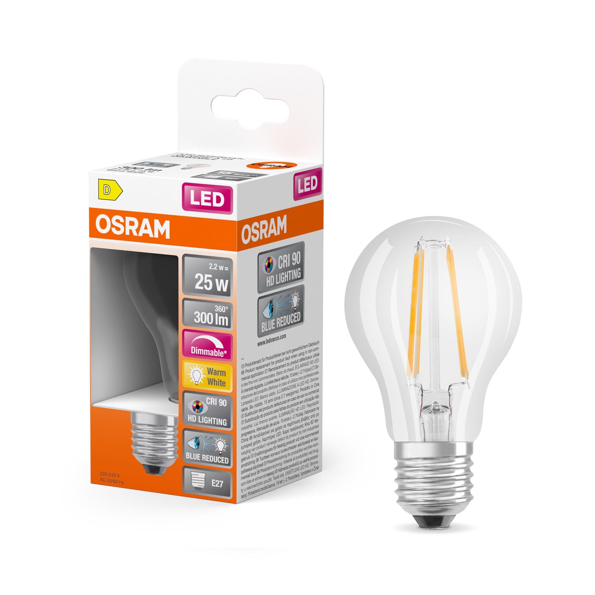 Osram LED pære LED Comfort standard filament 300lm 2,2W/927 (25W) dæmpbar E27 Lyskilde 4099854084034