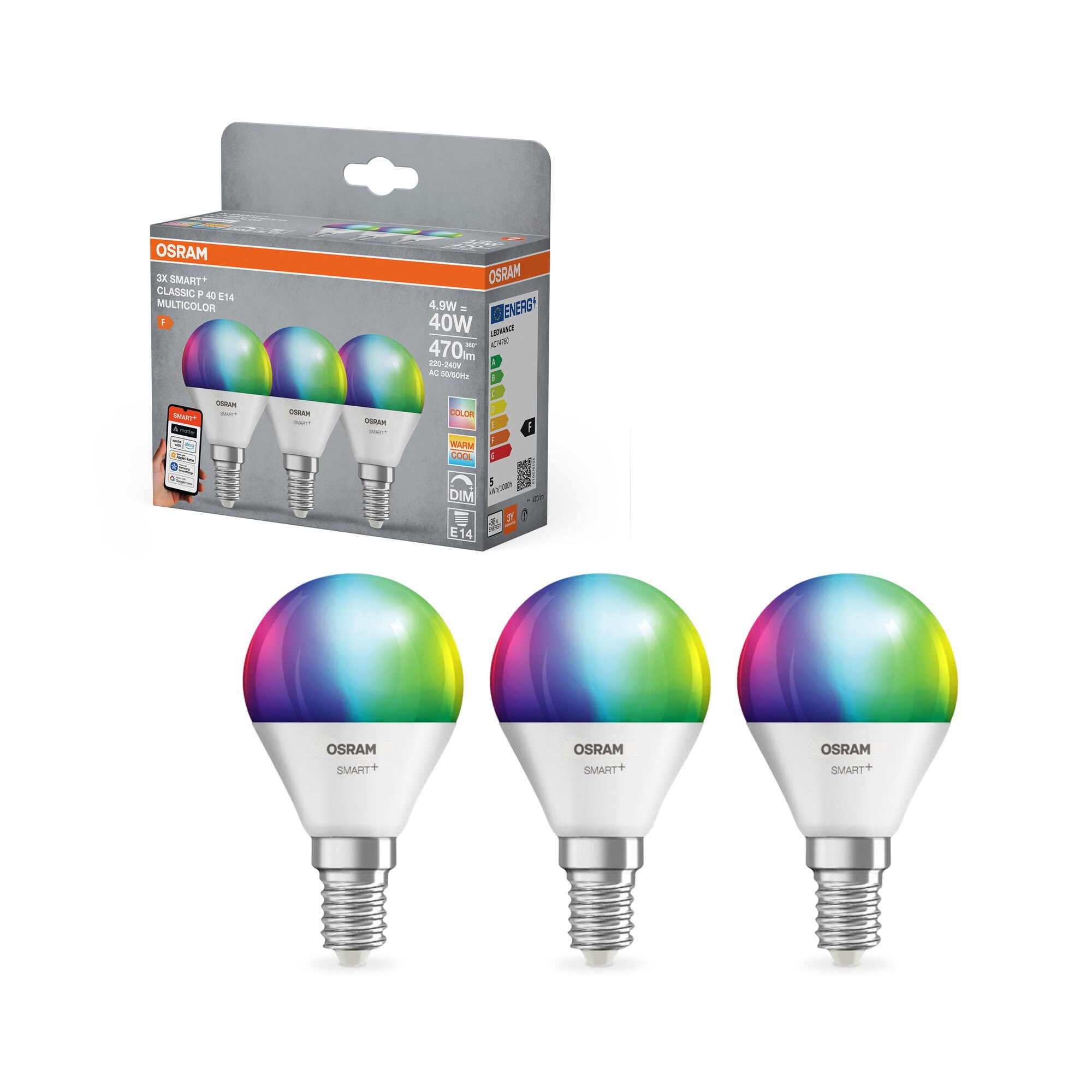 Osram SMART+ MATTER krone 470lm 4,9W/RGBW (40W) mat E14 3-pak Smart Home 4099854529887