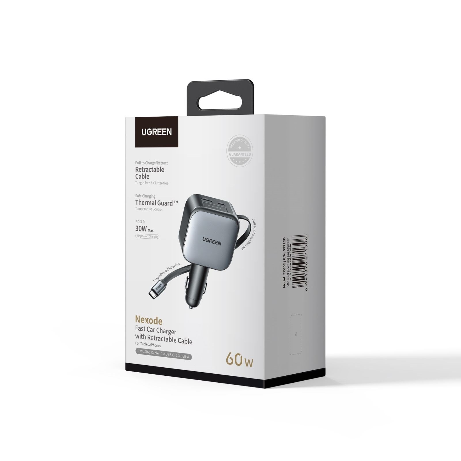 UGREEN 60 W Fast Car Charger with Retractable Cable Mobil Oplader 55212B
