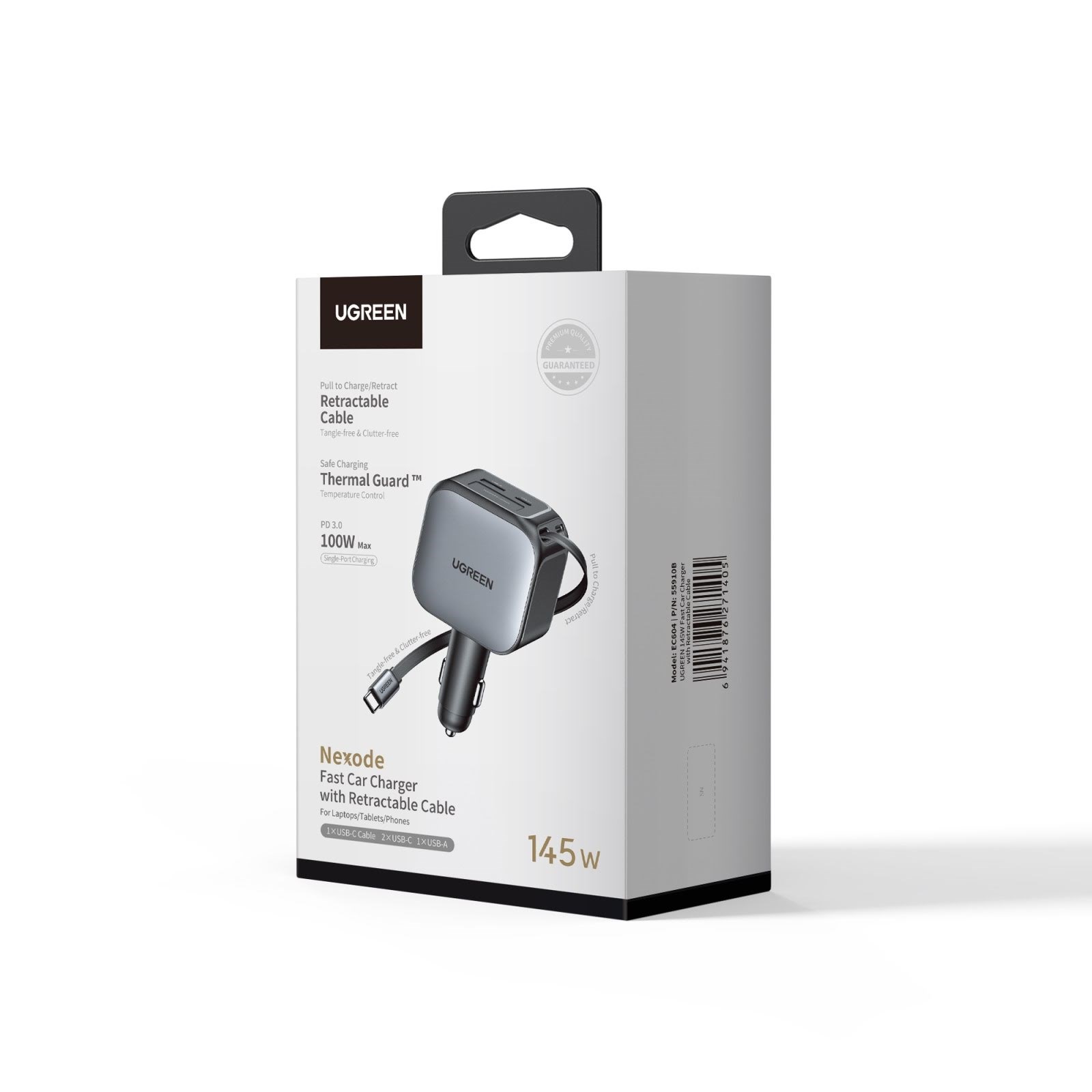 UGREEN 145 W Fast Car Charger with Retractable Cable Mobil Oplader 55910B