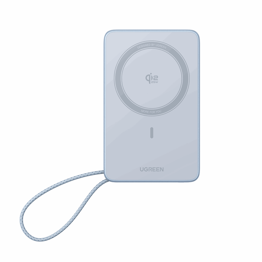 UGREEN MagFlow Qi2.2 25 W Magnetic Wireless Powerbank with Built-in Cable - 10000 mAh Powerbank Sølv 65958