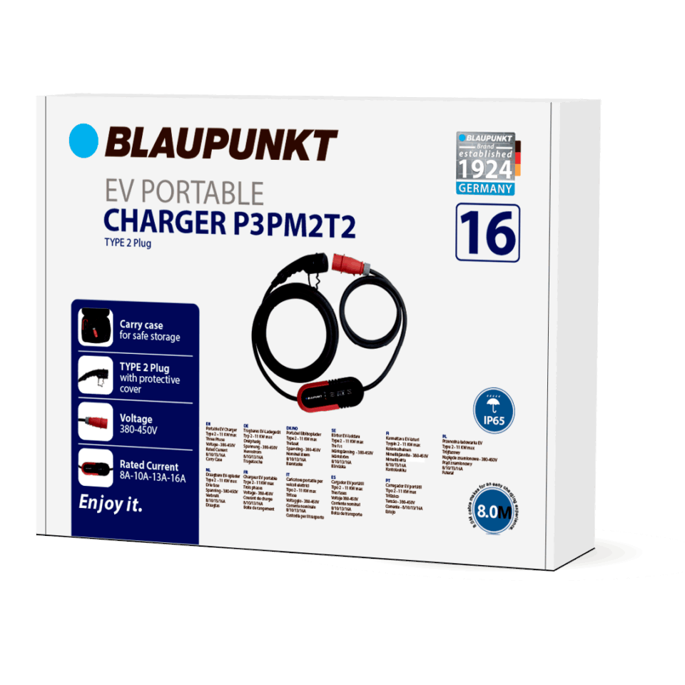 Blaupunkt P3PM2T2 Bærbar oplader til elbiler, Type 2, 8-16 A, 11 kW, 8 meter Ladeboks 100504