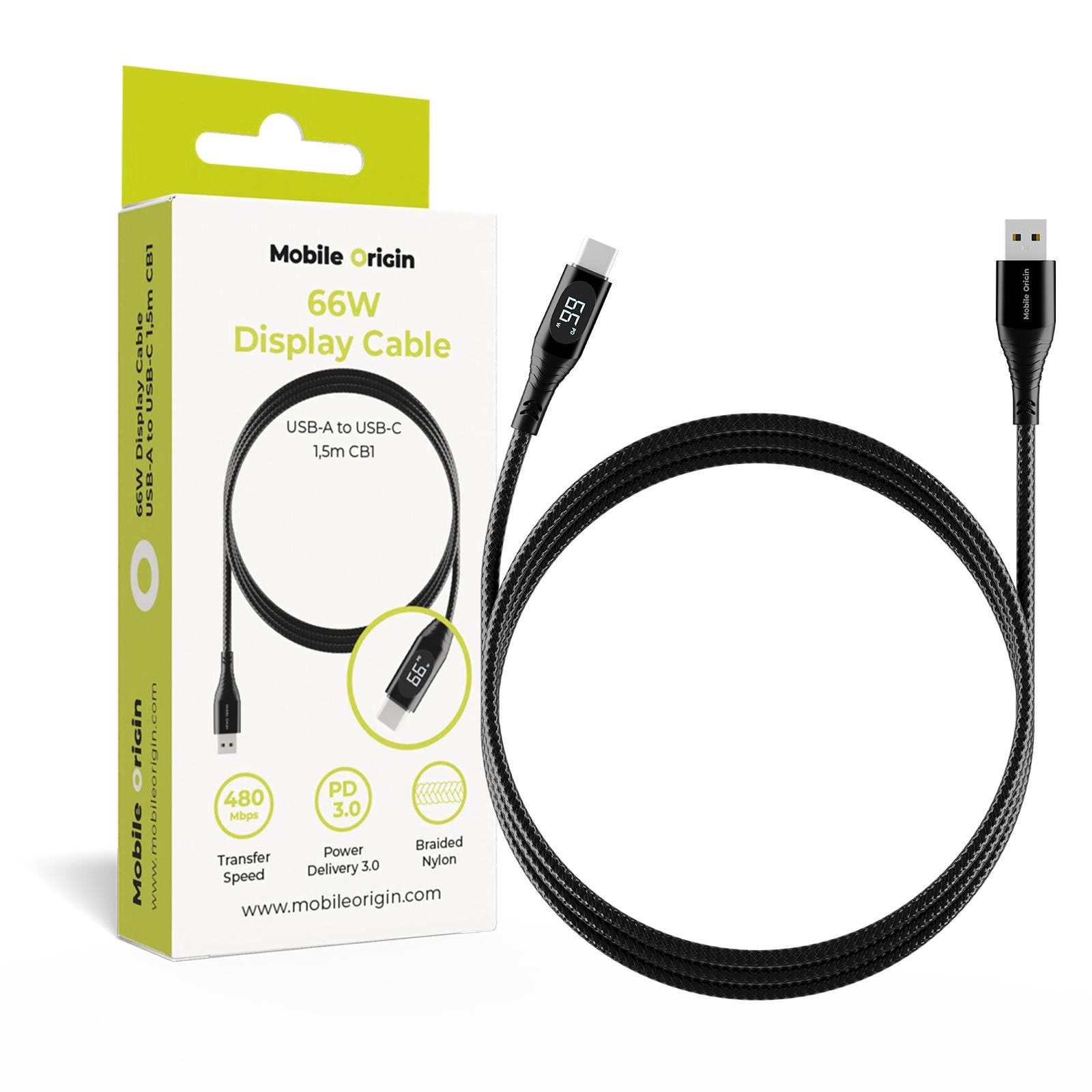 Mobile Origin 66W Display Cable USB-A to USB-C 1 -5m CB1 Usb Kabel Sort MO-66WDC-CB1