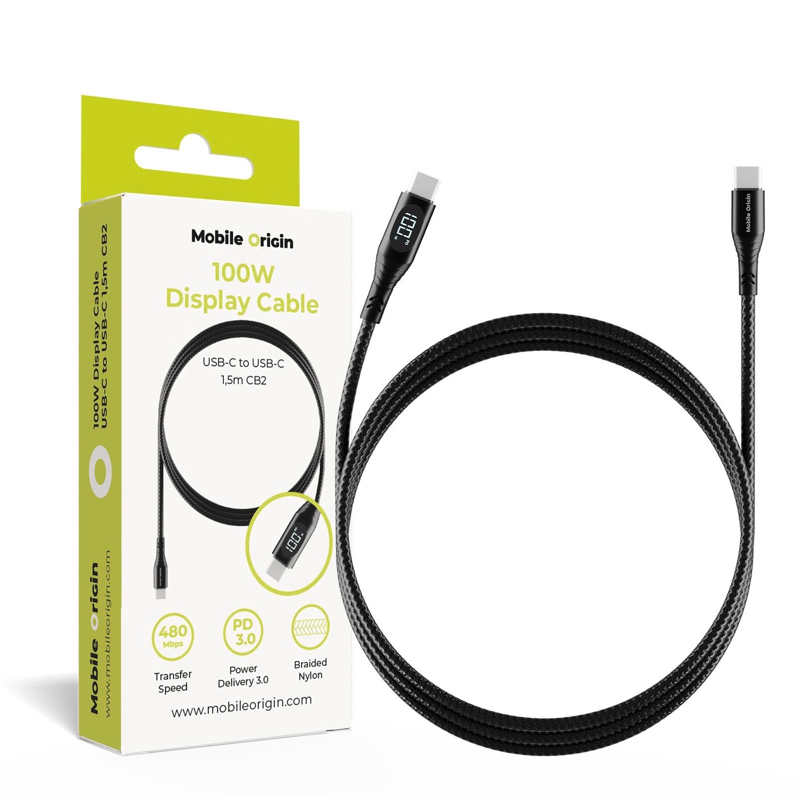 Mobile Origin 100W Display Cable USB-C to USB-C 1.5m CB2 Usb Kabel Sort MO-100WDC-CB2