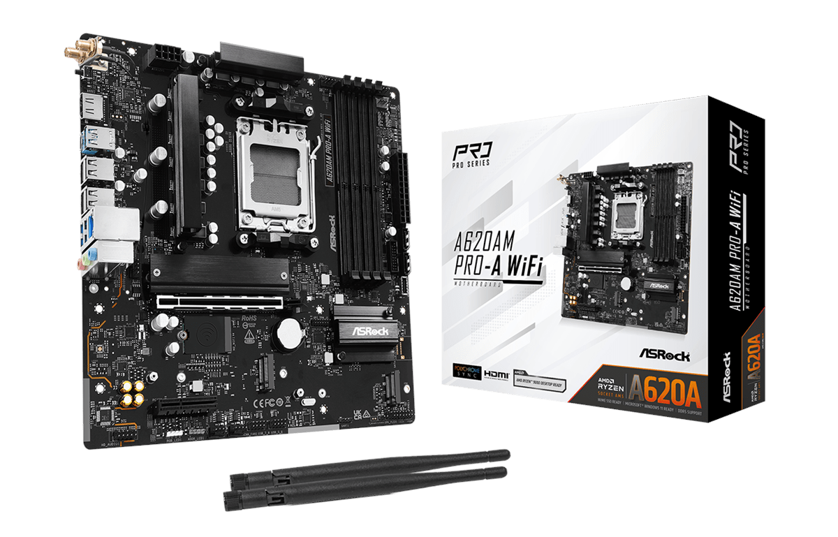ASRock A620AM PRO-A WiFi Bundkort - AMD A620A - AMD AM5 - DDR5 RAM - Micro-ATX Bundkort 90-MXBSY0-A0UAYZ