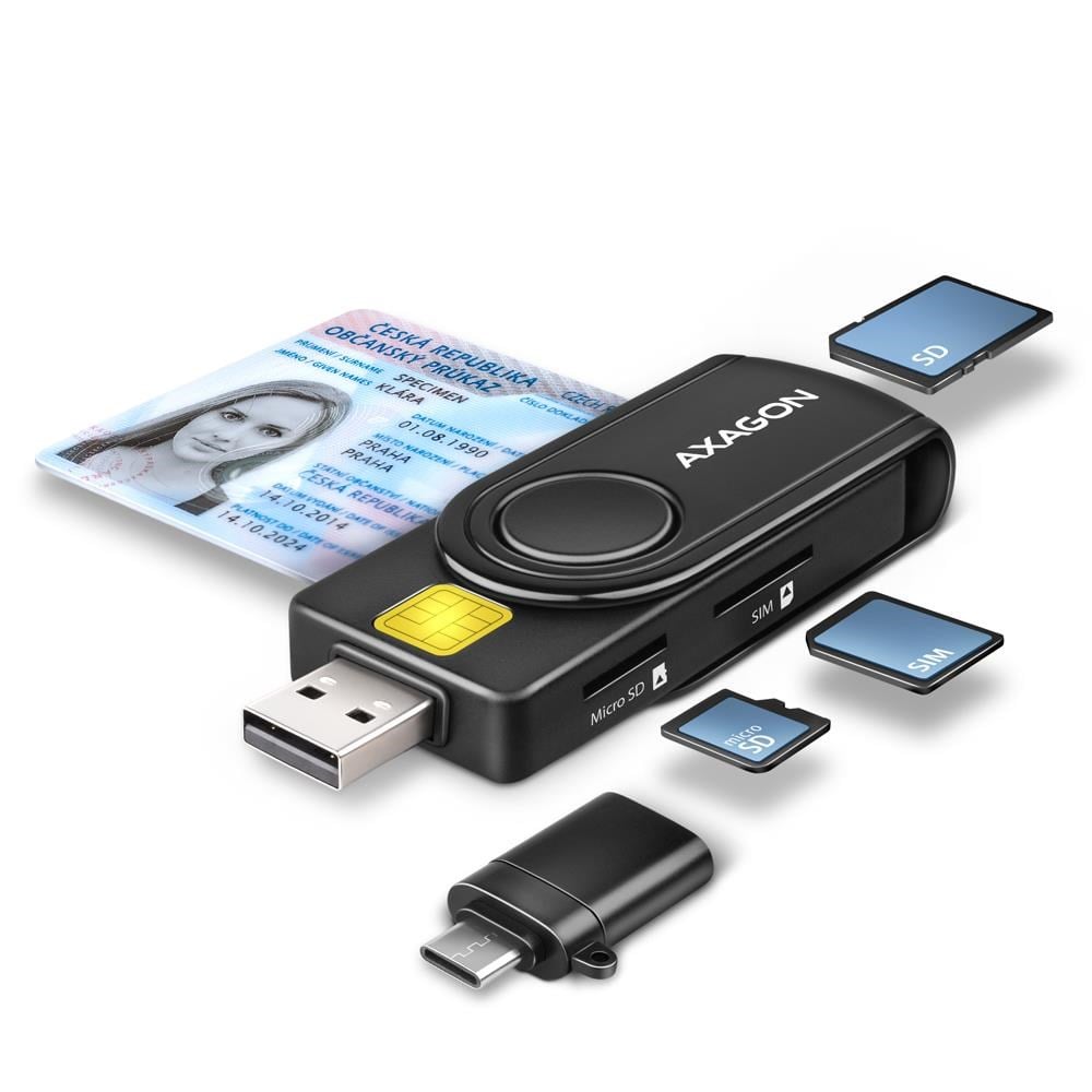 AXAGON USB smartkort- / ID-kort- og SD / microSD / SIM-kort-lomme-læser