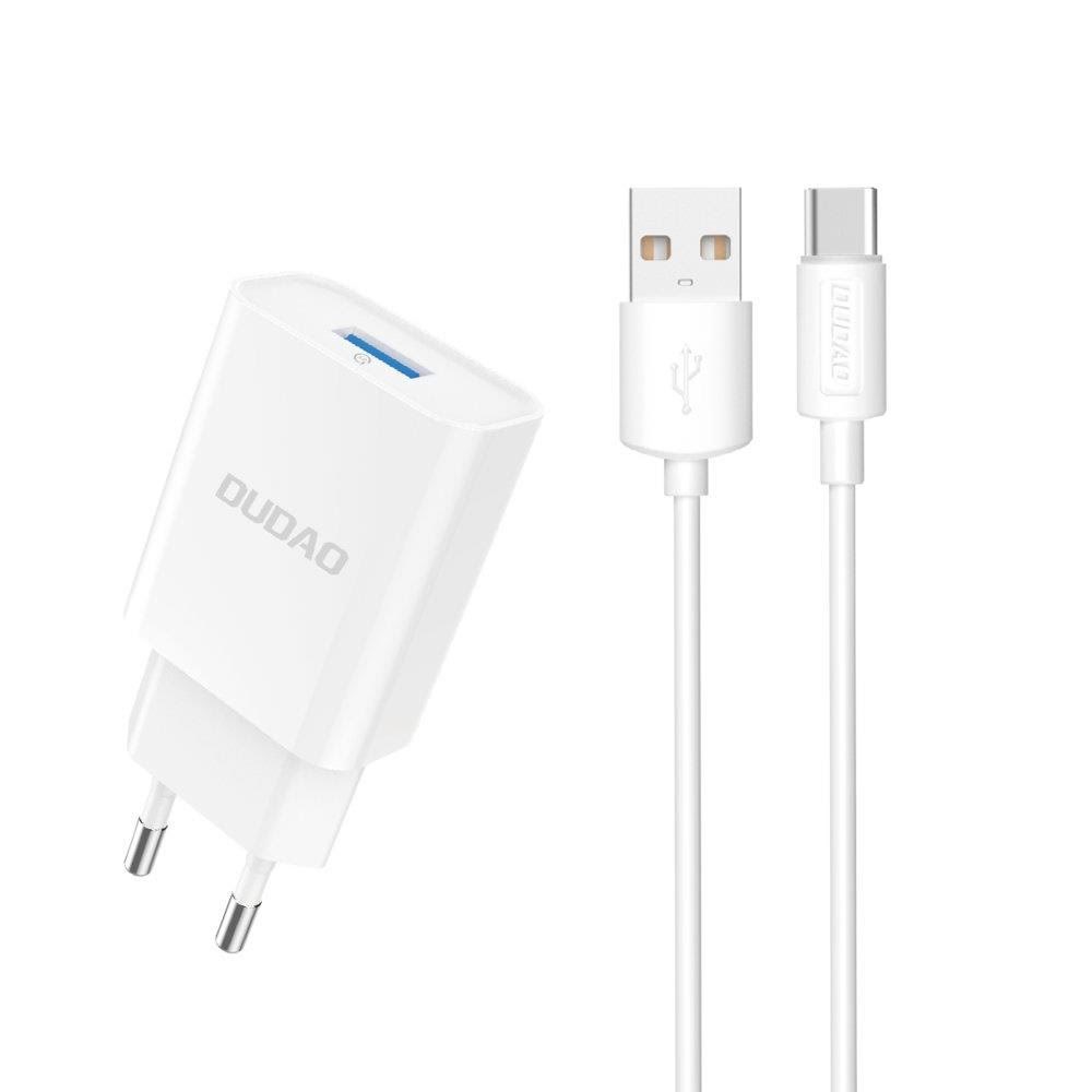 Dudao A4EU USB-A 2.1A wall charger - white + USB-A - USB-C cable Mobil Oplader 6976625331970