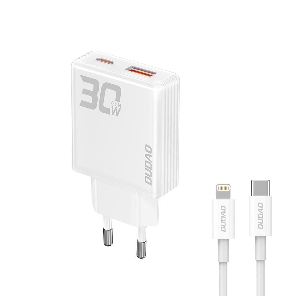Dudao GaN A30EUL 30W USB-A / USB-C Wall Charger + USB-C - Lightning Cable - White