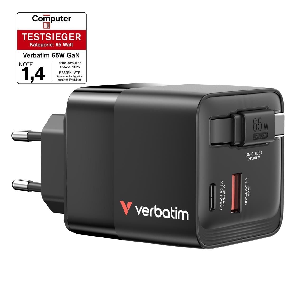 Verbatim - 65W 2 Port with Retractable Cable Mobil Oplader 32217