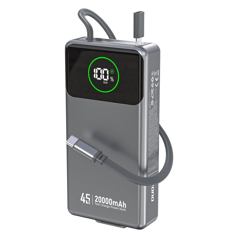 Dudao K31 Pro 45W 20000mAh Power Bank with Built-in Retractable USB-C Cable - Gray - 20000 mAh Powerbank Grå 6977196682010