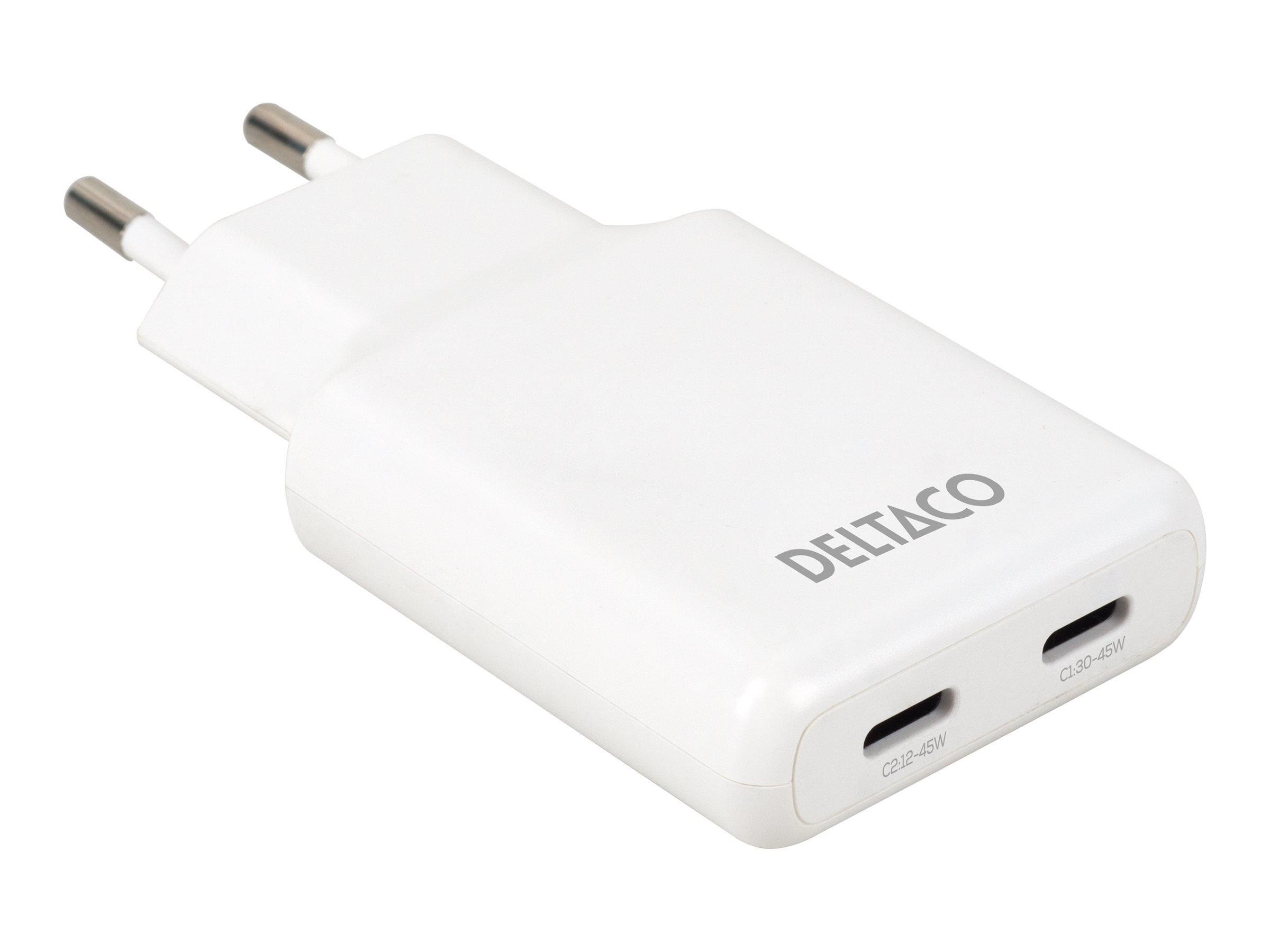 Deltaco Slim USB-C Wall Charger 45W | 2x USB-C | PPS + PD | White Mobil Oplader USBC-AC200