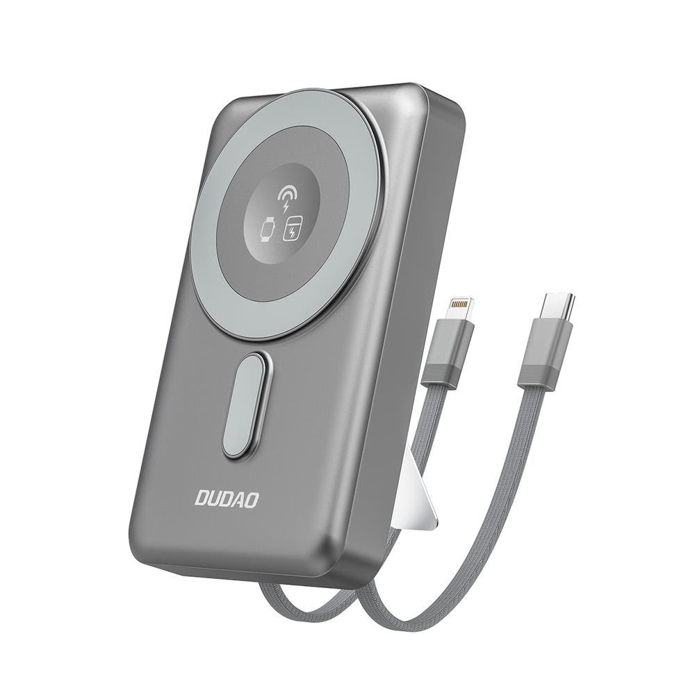 Dudao K29 10000mAh PD 20W MagSafe Power Bank with Metal Case Stand and Built-in USB-C/ Lightning Cables - Gray - 10000 mAh