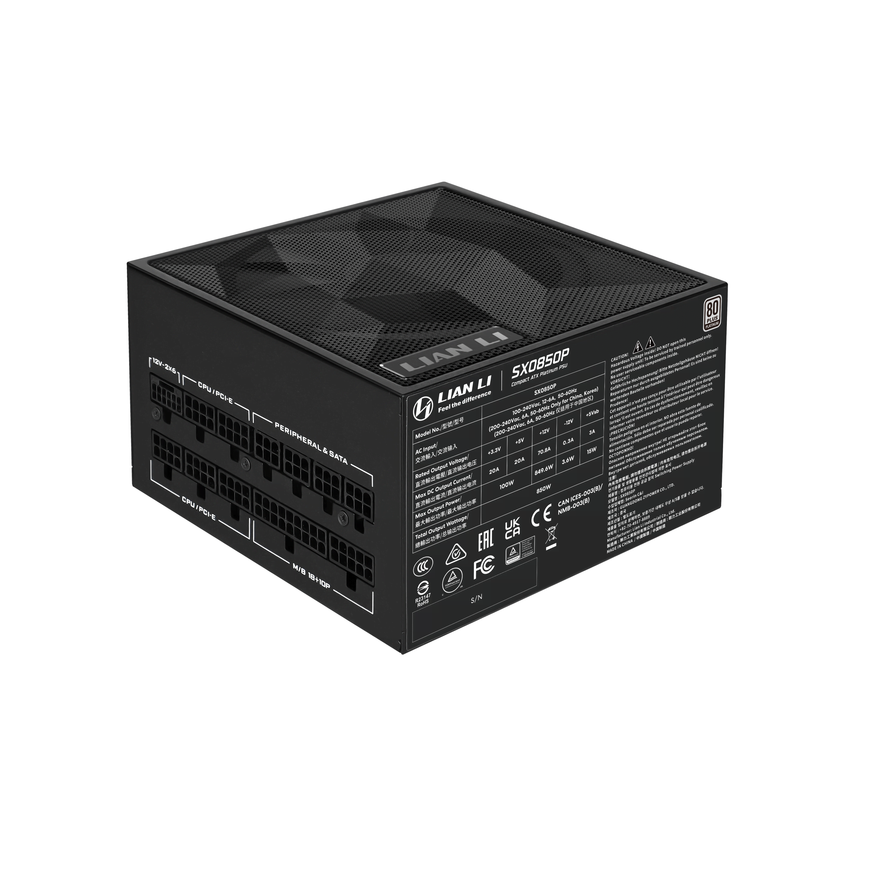 Lian Li SX850P (Black) Strømforsyning - 850 Watt - 120 mm - ATX 3.1 - 80 Plus Platinum certified Strømforsyning Sort G9P.SX0850P.B000.EU