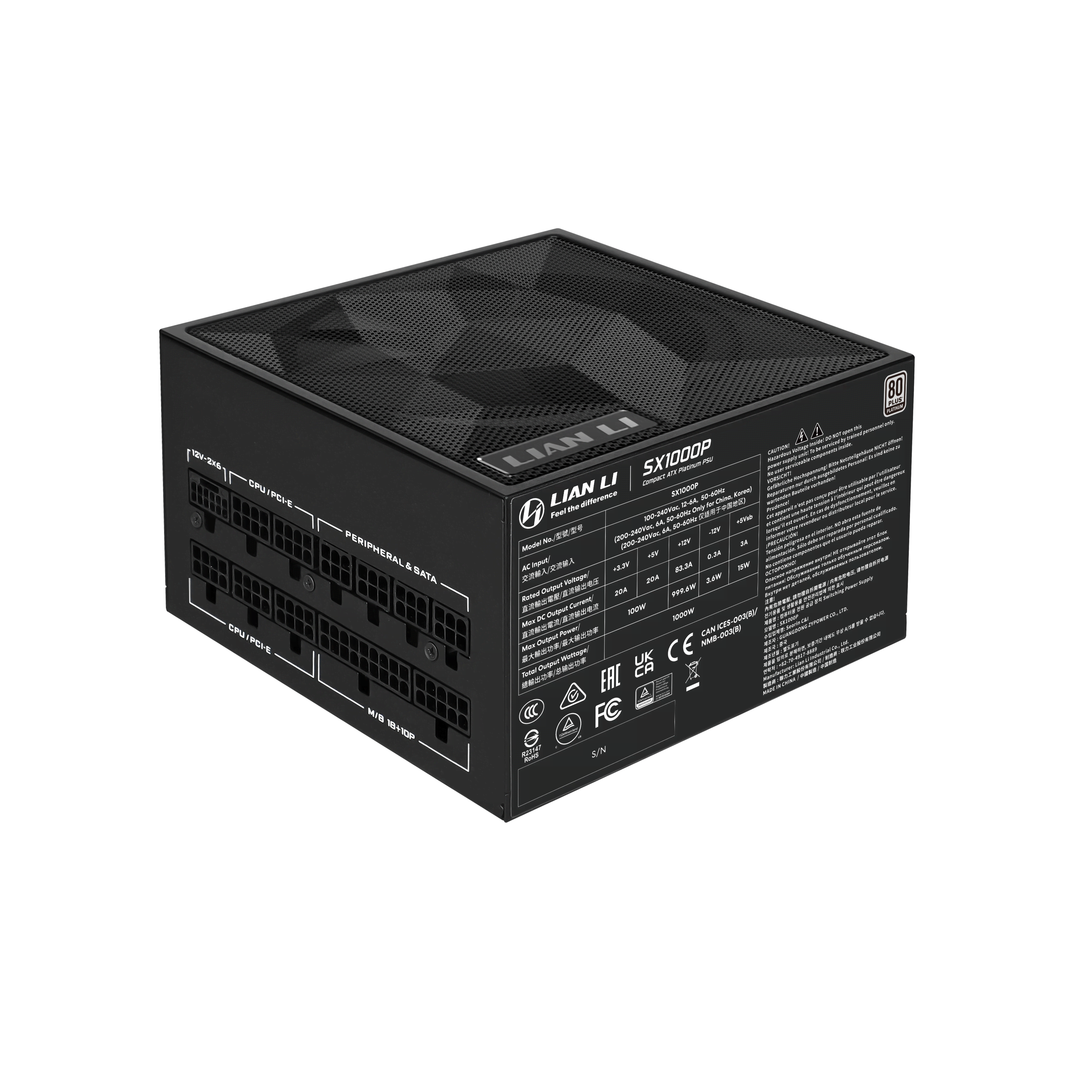 Lian Li SX1000P (Black) Strømforsyning - 1000 Watt - 120 mm - ATX 3.1 - 80 Plus Platinum certified Strømforsyning Sort G9P.SX1000P.B000.EU