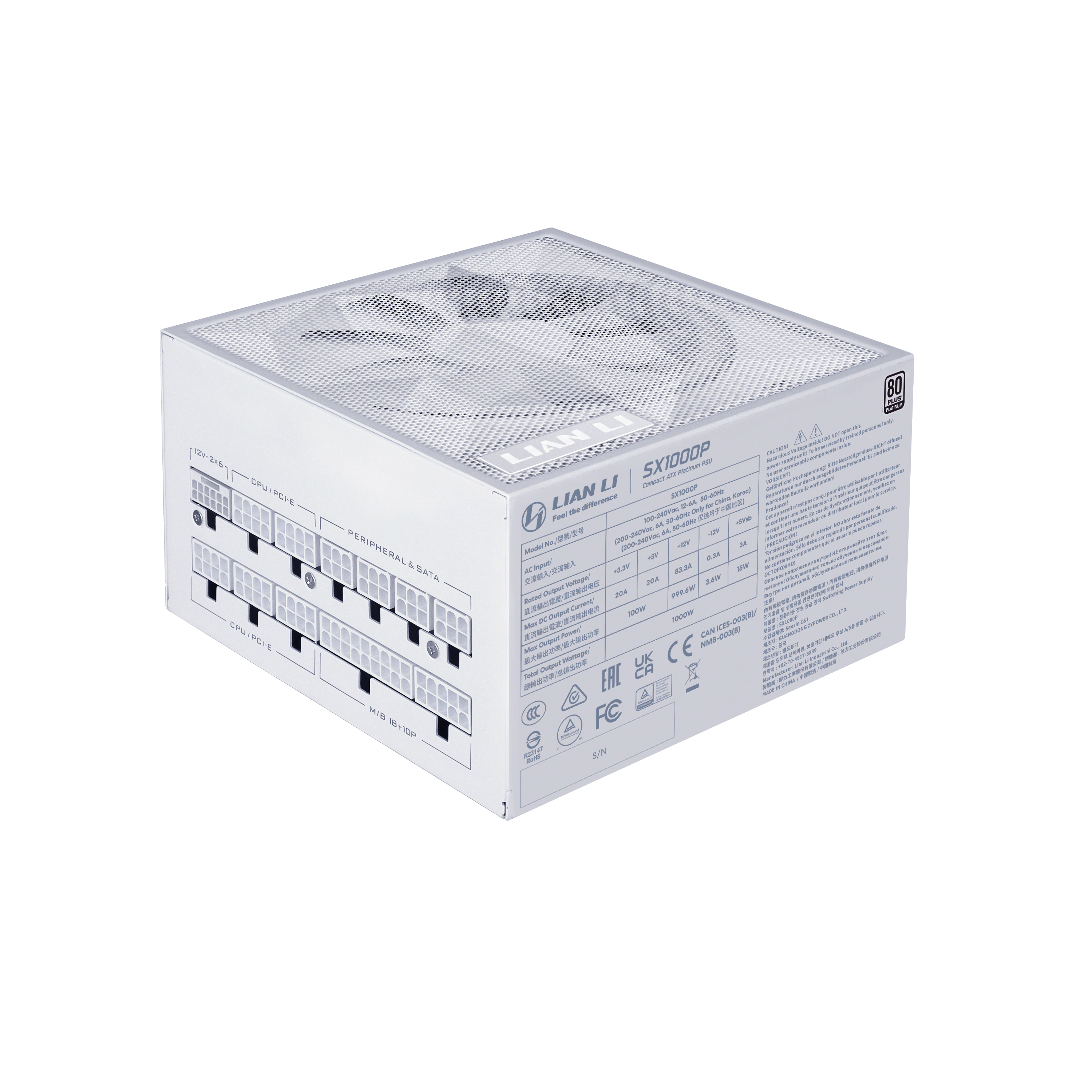 Lian Li SX1000P (White) Strømforsyning - 1000 Watt - 120 mm - ATX 3.1 - 80 Plus Platinum certified
