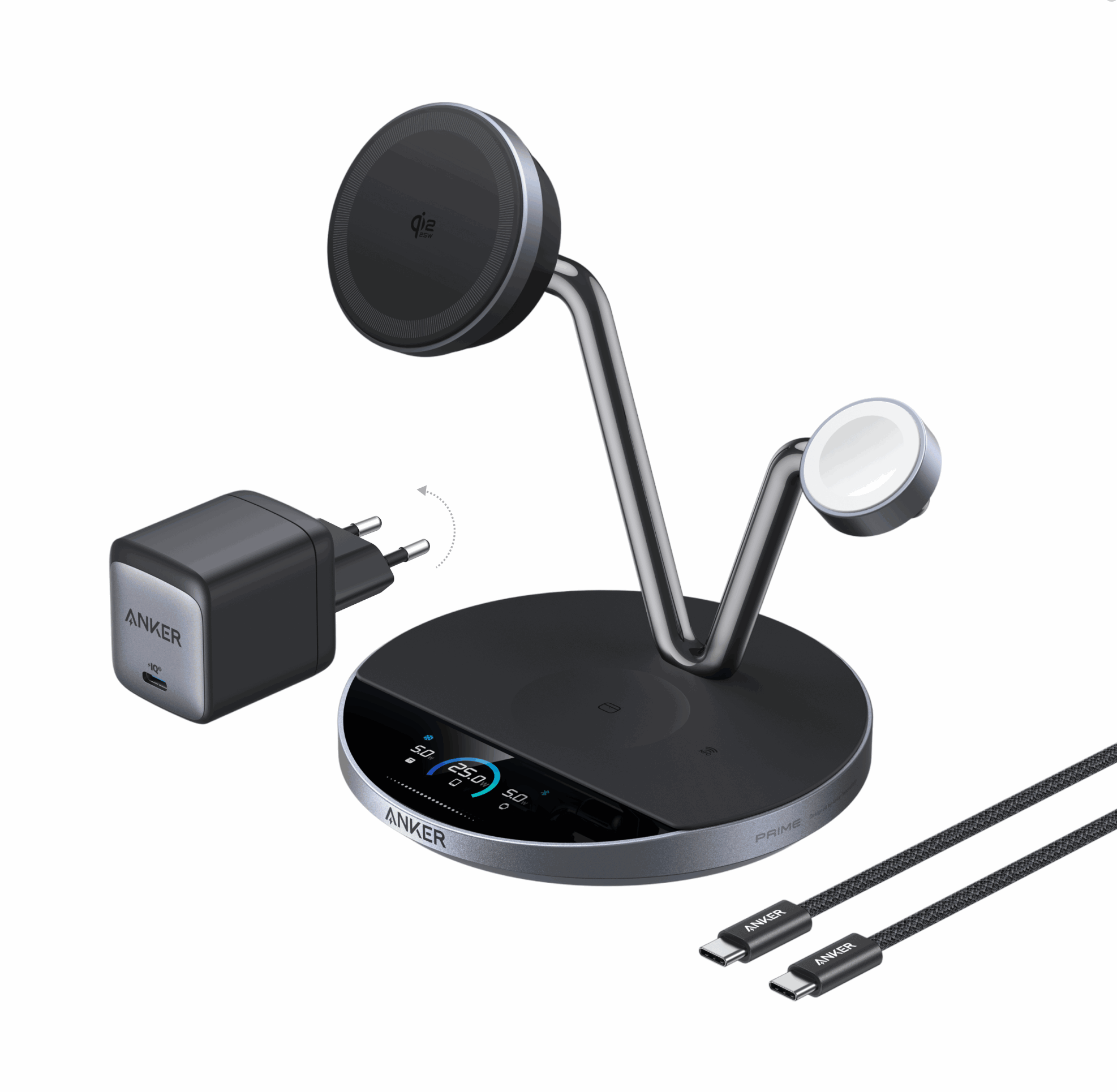 Anker Prime trådløs opladningsstation (3-i-1 MagGo AirCool dock-stativ) - sort