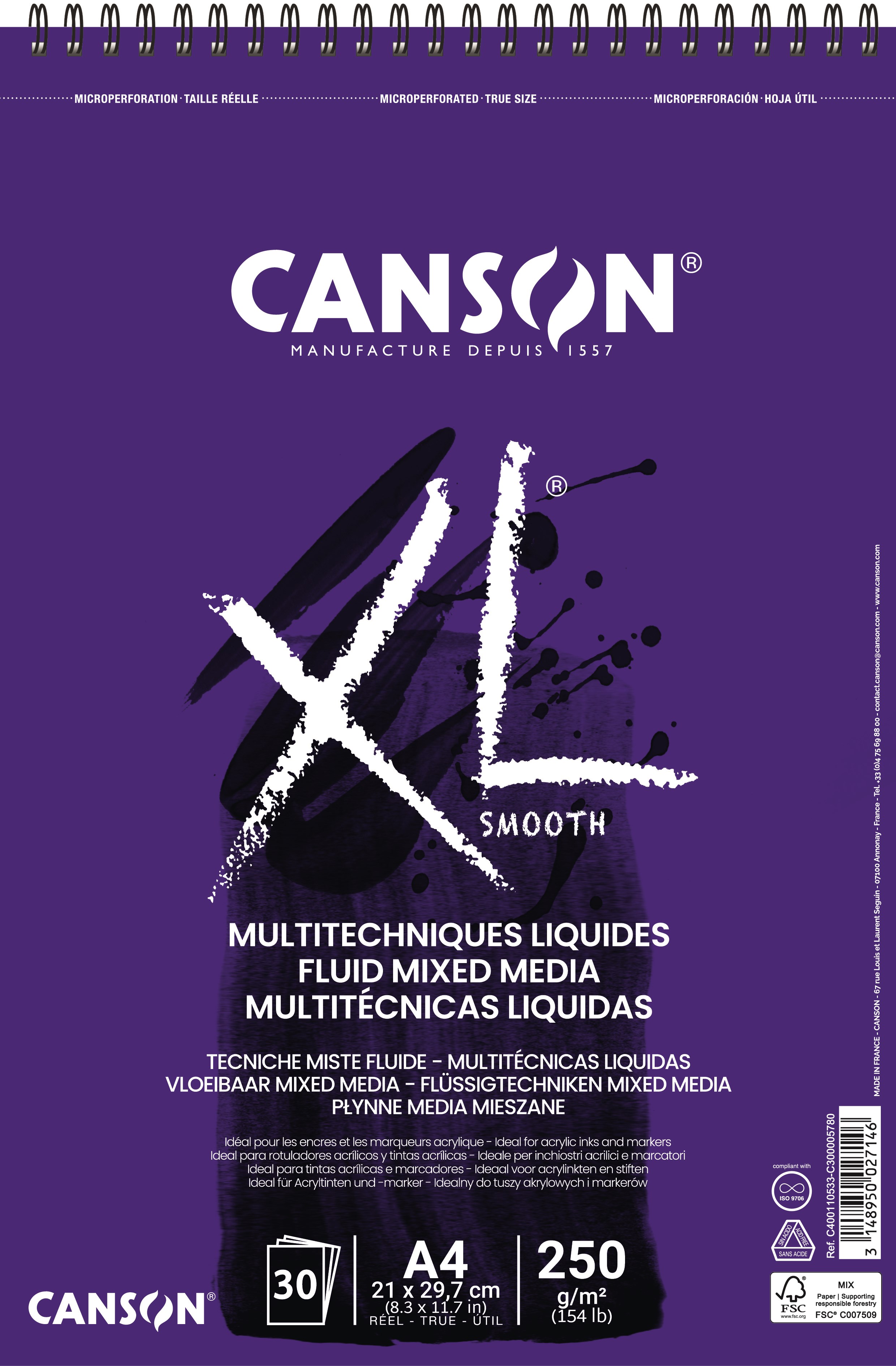 Canson XL Fluid Mixed Media A4 250G Spiral 30 SH Hobbyartikel 17-400110533