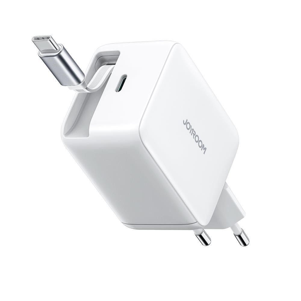 Joyroom JR-TCL06 67W GaN Wall Charger with Built-in Retractable USB-C Cable - White Mobil Oplader