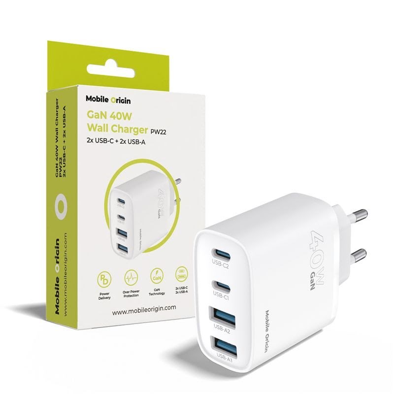 Mobile Origin 40W GaN Wall Charger PW22 - 2x USB-C + 2x USB-A Mobil Oplader MO-40WCH-PW22