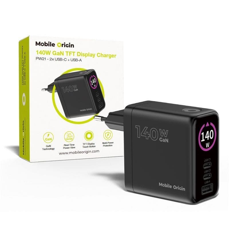 Mobile Origin 140W GaN Display Charger PW21 - 2x USB-C + USB-A Mobil Oplader MO-140WDCH-PW21