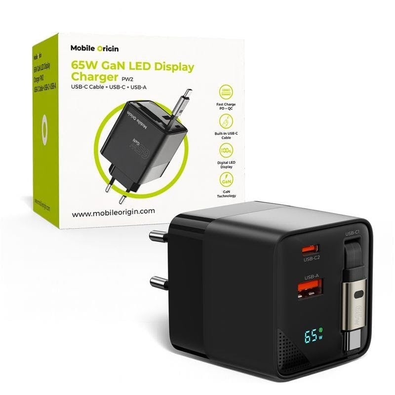 Mobile Origin 65W GaN Display Charger PW2 - USB-C Self-Retracting Cable + USB-C + USB-A Mobil Oplader MO-65WDCH-PW2