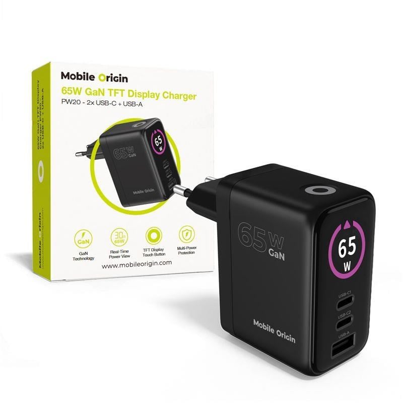 Mobile Origin 65W GaN Display Charger PW20 - 2x USB-C + USB-A Mobil Oplader MO-65WDCH-PW20