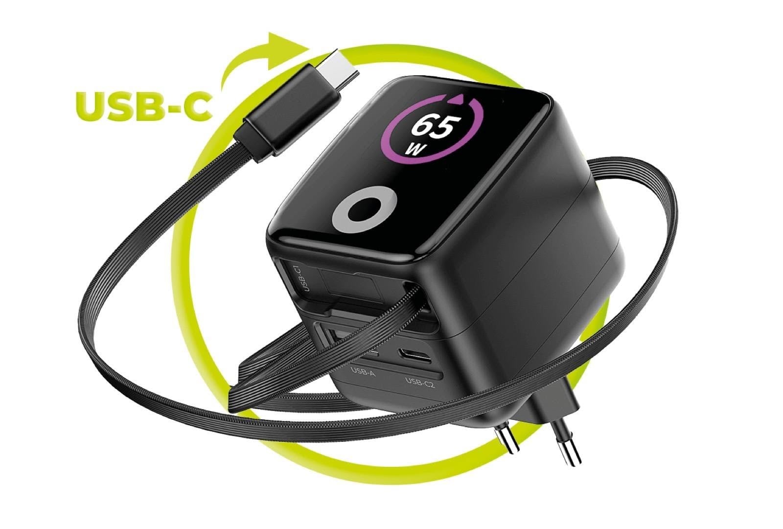 Mobile Origin 65W GaN Display Charger PW3 - USB-C Self-Retracting Cable + USB-C + USB-A Mobil Oplader MO-65WDCH-PW3