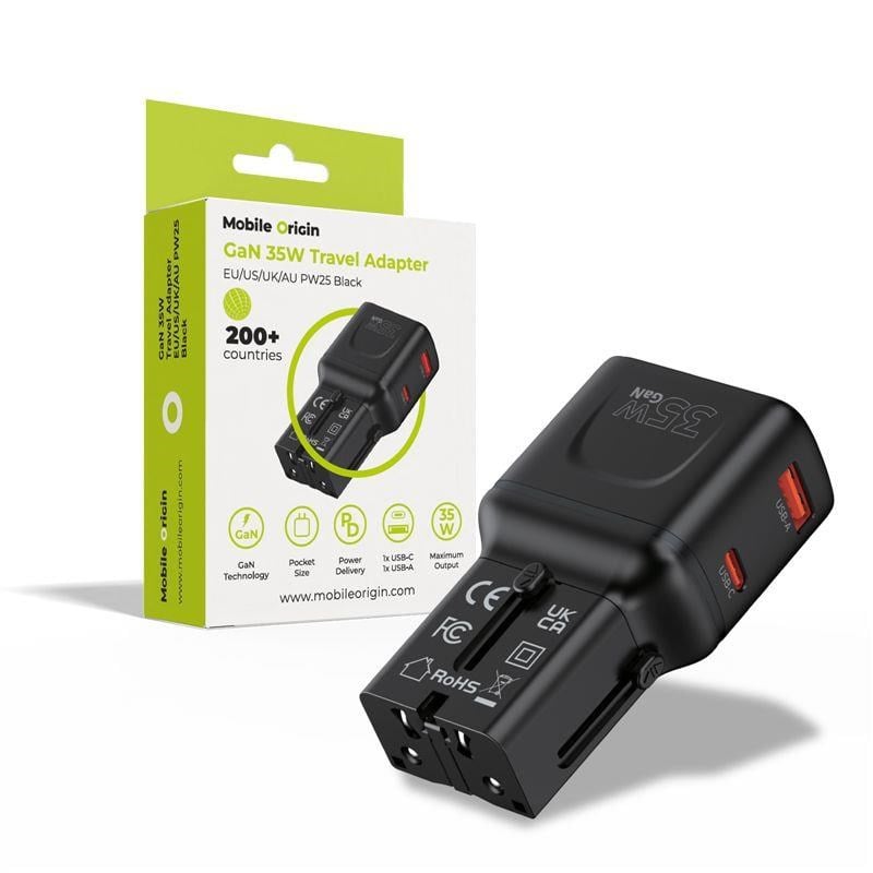 Mobile Origin 35W Travel Adapter - EU/US/UK/AU PW25 - black Mobil Oplader MO-PW25-BLK