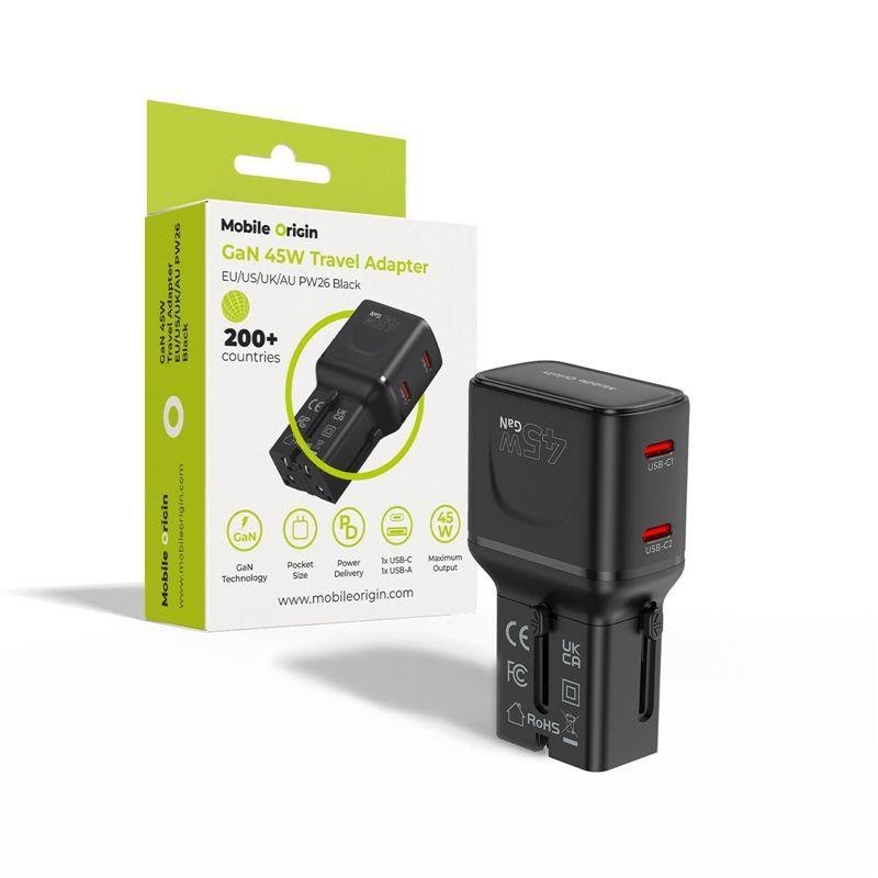 Mobile Origin 45W Travel Adapter - EU/US/UK/AU PW26 - black Mobil Oplader MO-PW26-BLK