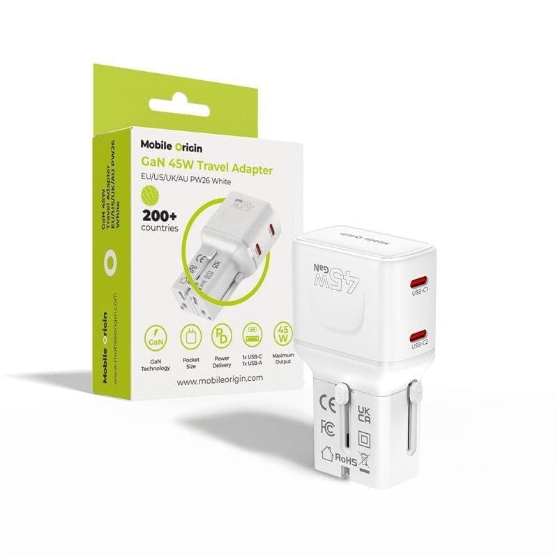 Mobile Origin 45W Travel Adapter - EU/US/UK/AU PW26 - white Mobil Oplader MO-PW26-WHT