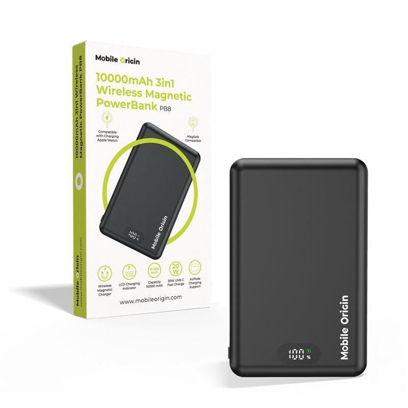 Mobile Origin PowerBank 10000mAh 3in1 Wireless Magnetic PowerBank PB8 - 10000 mAh Powerbank Sort MO-WMP-PB8