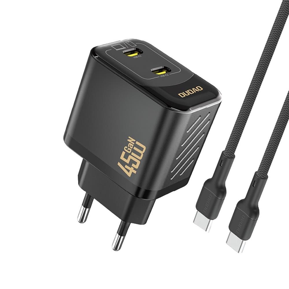 Dudao A28PCEU PD 45W GaN 2xUSB-C Wall Charger with USB-C Cable - Black Mobil Oplader 6976625334315