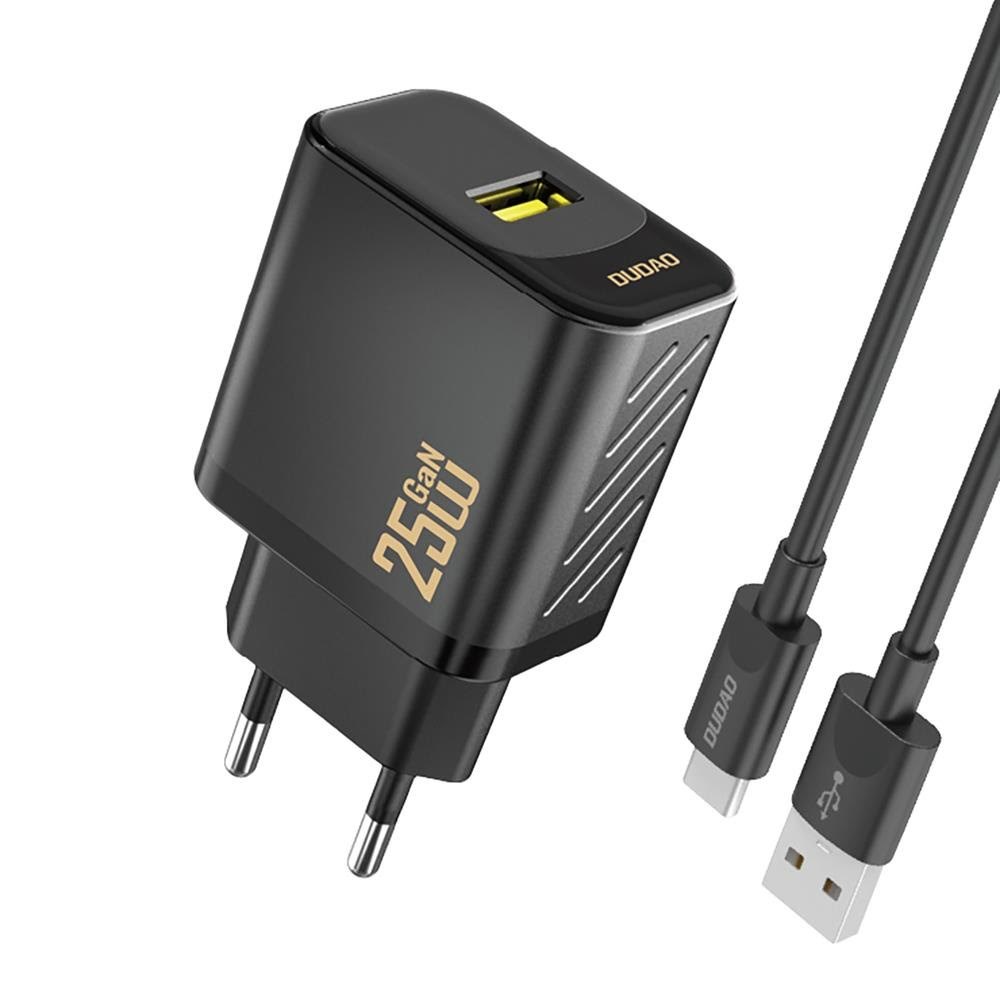Dudao A27STEU 25W GaN USB-A Wall Charger with USB-A - USB-C - Black Cable Mobil Oplader 6976625334889