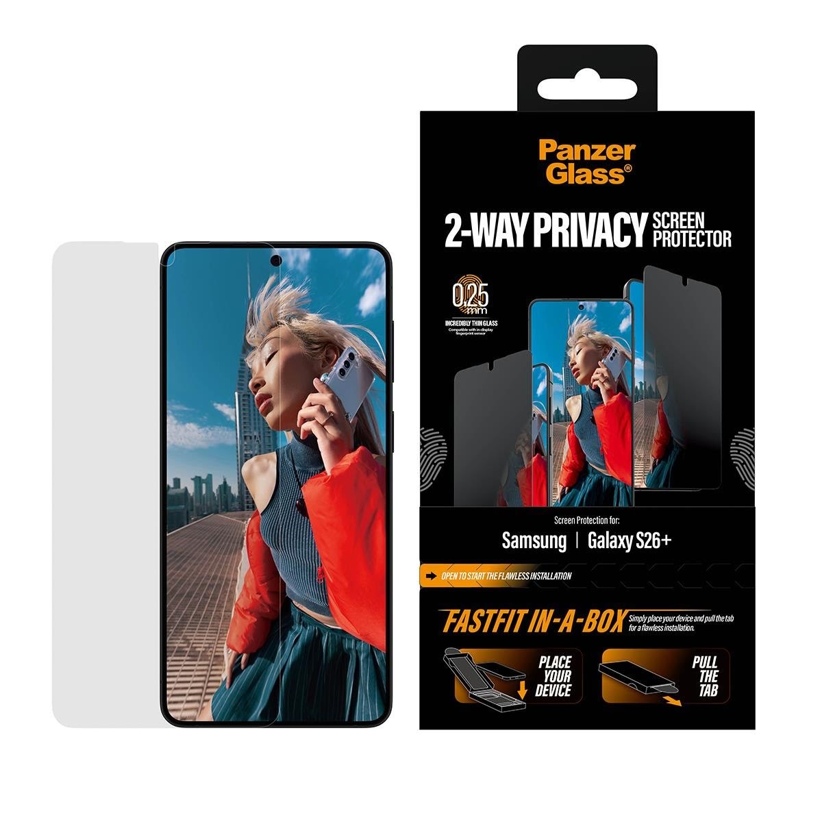 PanzerGlass 2-Way Privacy Screen Protector Samsung Galaxy S26+ | Ultra-Wide Fit w. FASTFIT IN-A-BOX