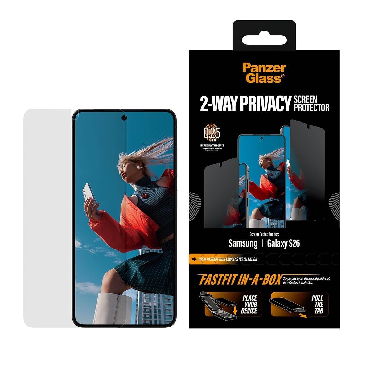 PanzerGlass 2-Way Privacy Screen Protector Samsung Galaxy S26 | Ultra-Wide Fit w. FASTFIT IN-A-BOX