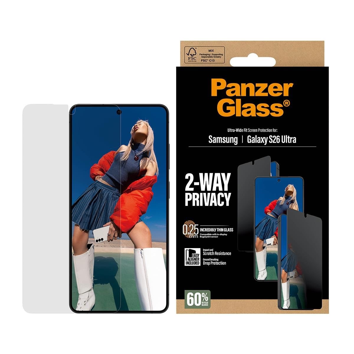 PanzerGlass 2-Way Privacy Screen Protector Samsung Galaxy S26 Ultra | Ultra-Wide Fit w. EasyAligner Beskyttelsesglas PG50721
