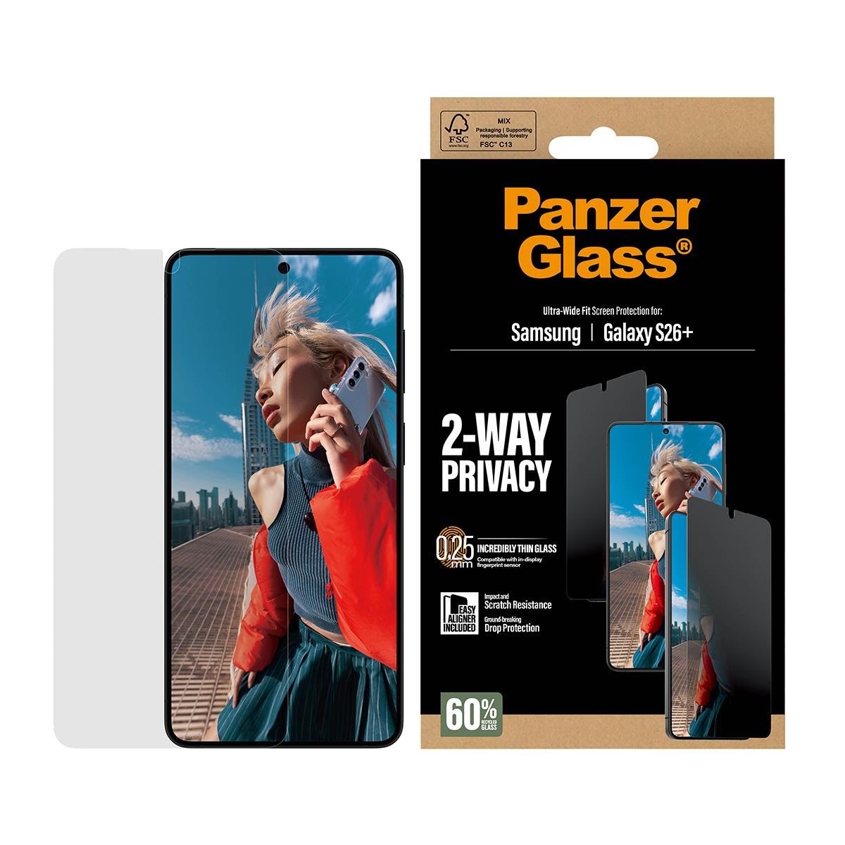 PanzerGlass 2-Way Privacy Screen Protector Samsung Galaxy S26+ | Ultra-Wide Fit w. EasyAligner