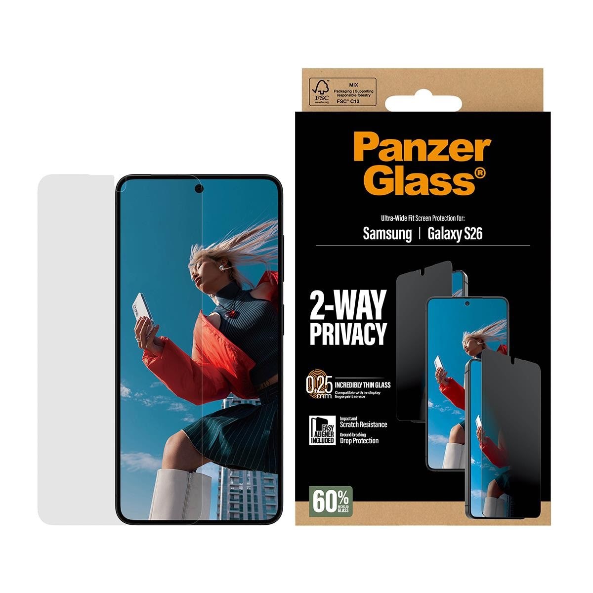PanzerGlass 2-Way Privacy Screen Protector Samsung Galaxy S26 | Ultra-Wide Fit w. EasyAligner Beskyttelsesglas PG14940