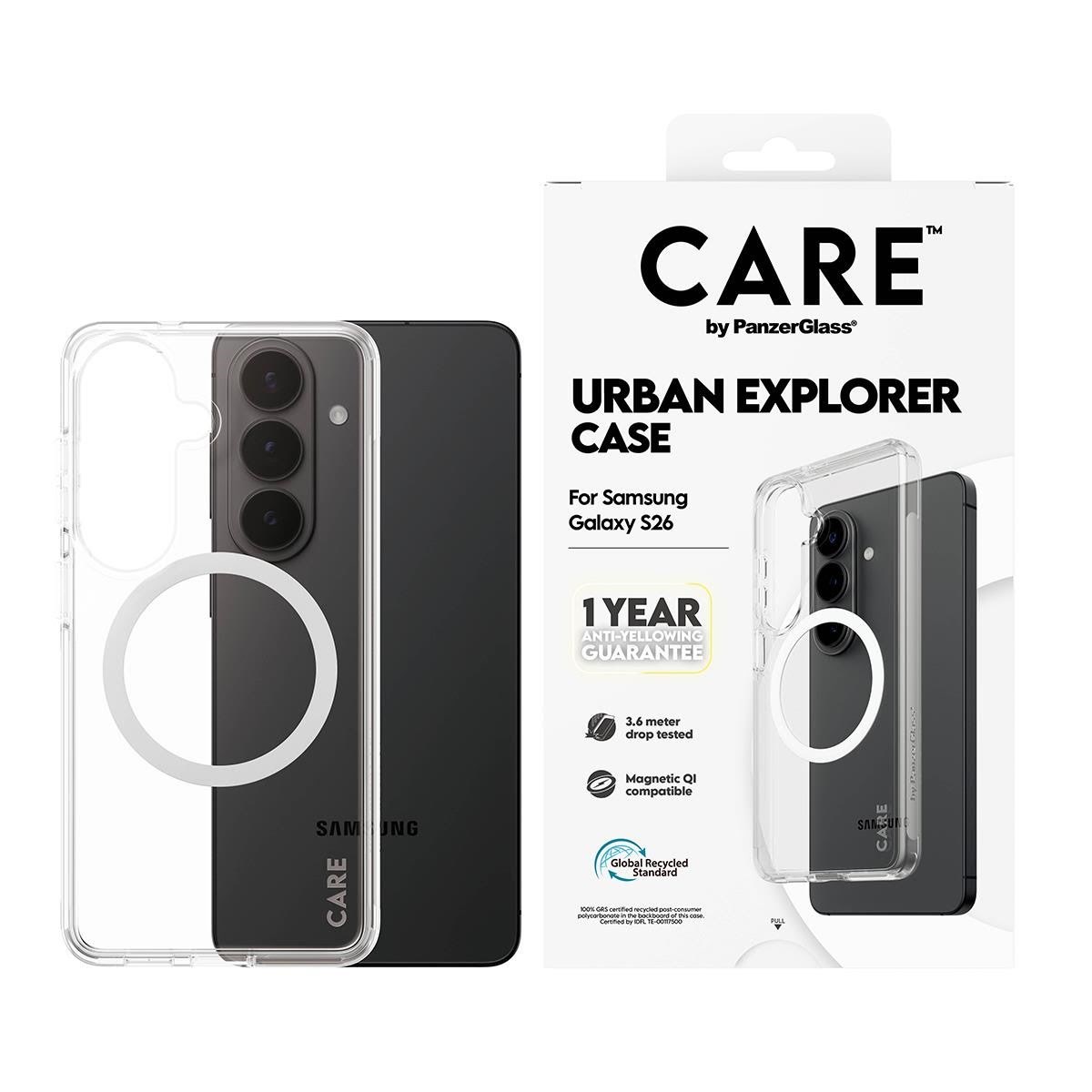 CARE by PanzerGlass Urban Explorer Case Transparent w. White Qi Samsung Galaxy S26 Mobilcover CR14939