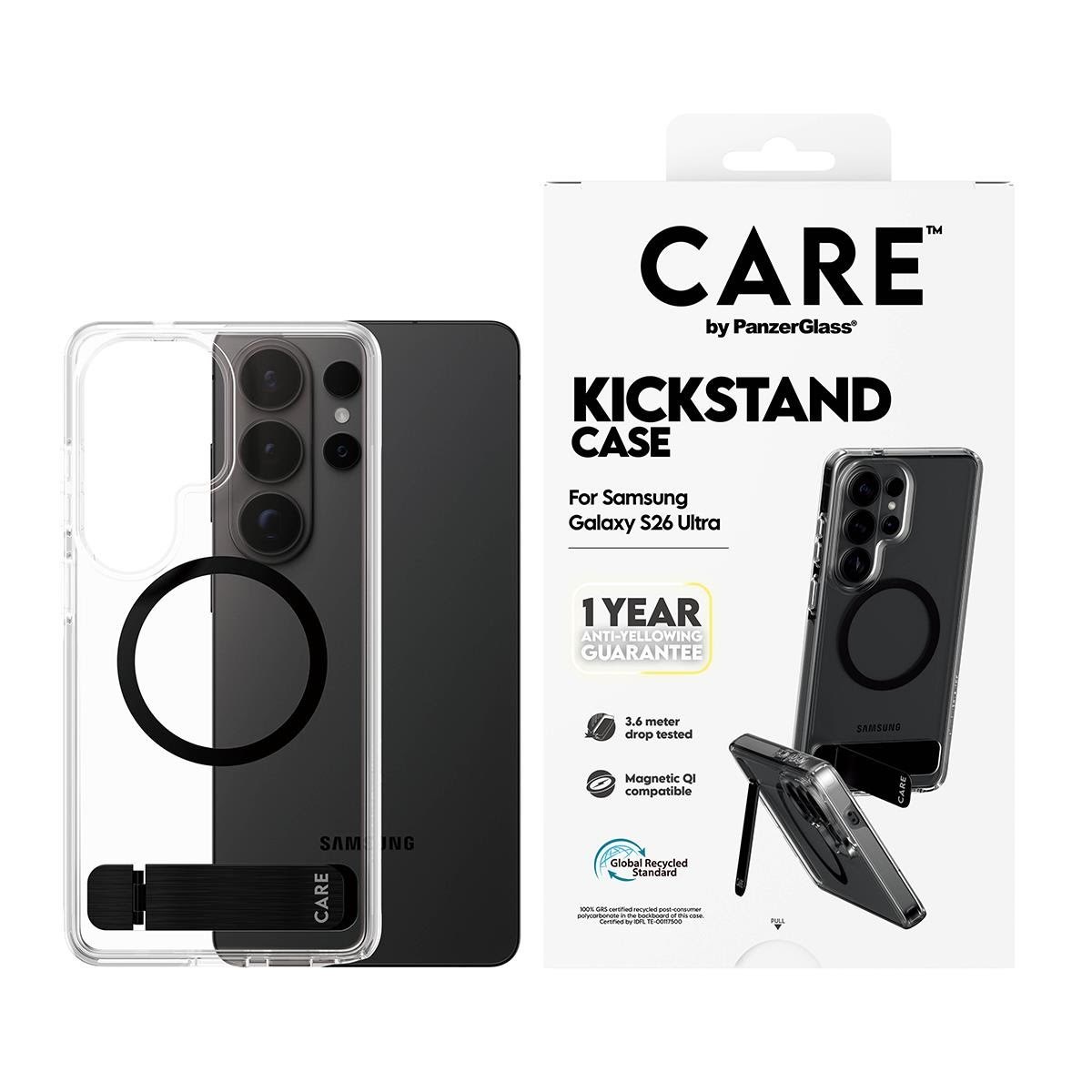 CARE by PanzerGlass Urban Explorer Case Transparent w. Black Kickstand & Qi Samsung Galaxy S26 Ultra
