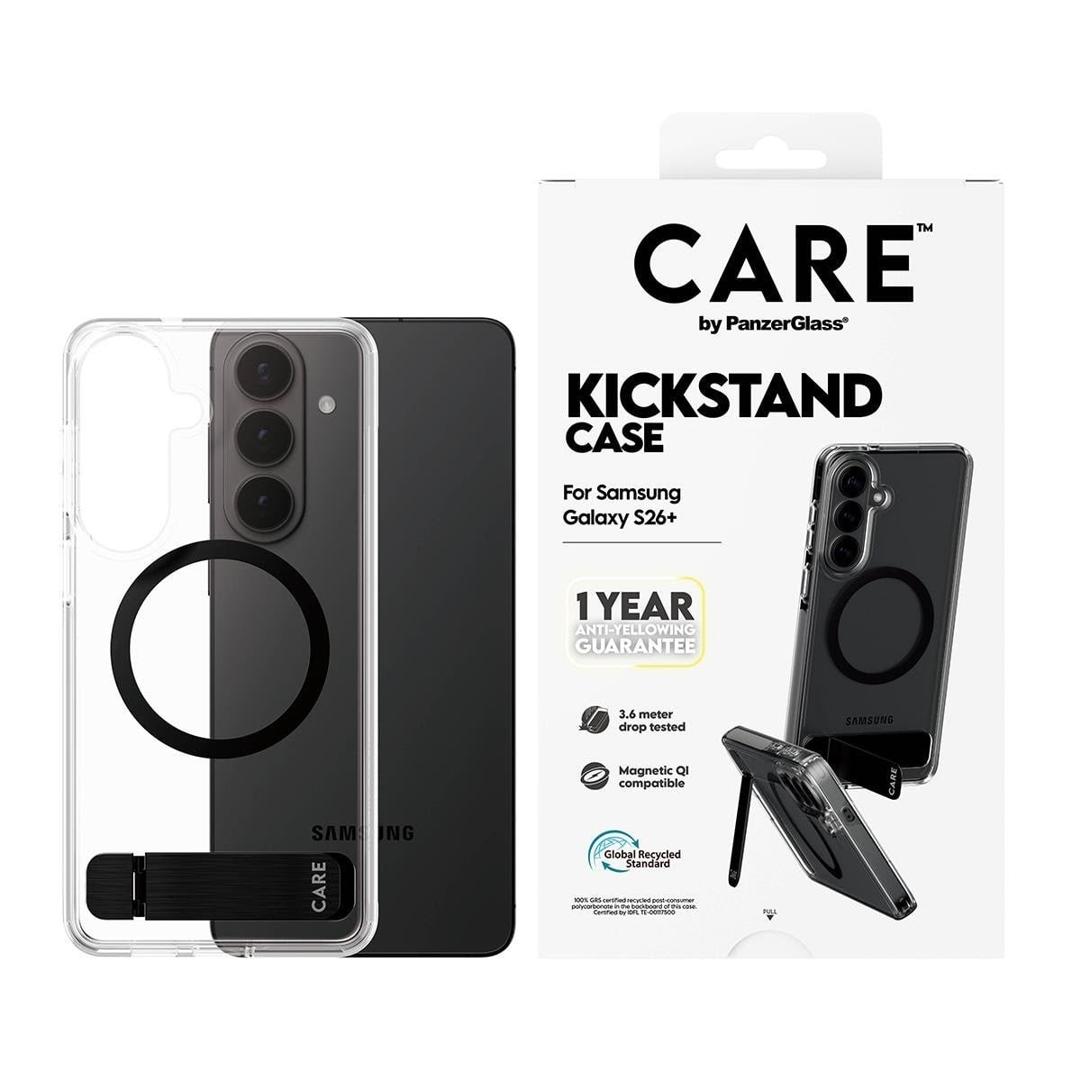 CARE by PanzerGlass Urban Explorer Case Transparent w. Black Kickstand & Qi Samsung Galaxy S26+ Mobilcover CR14669