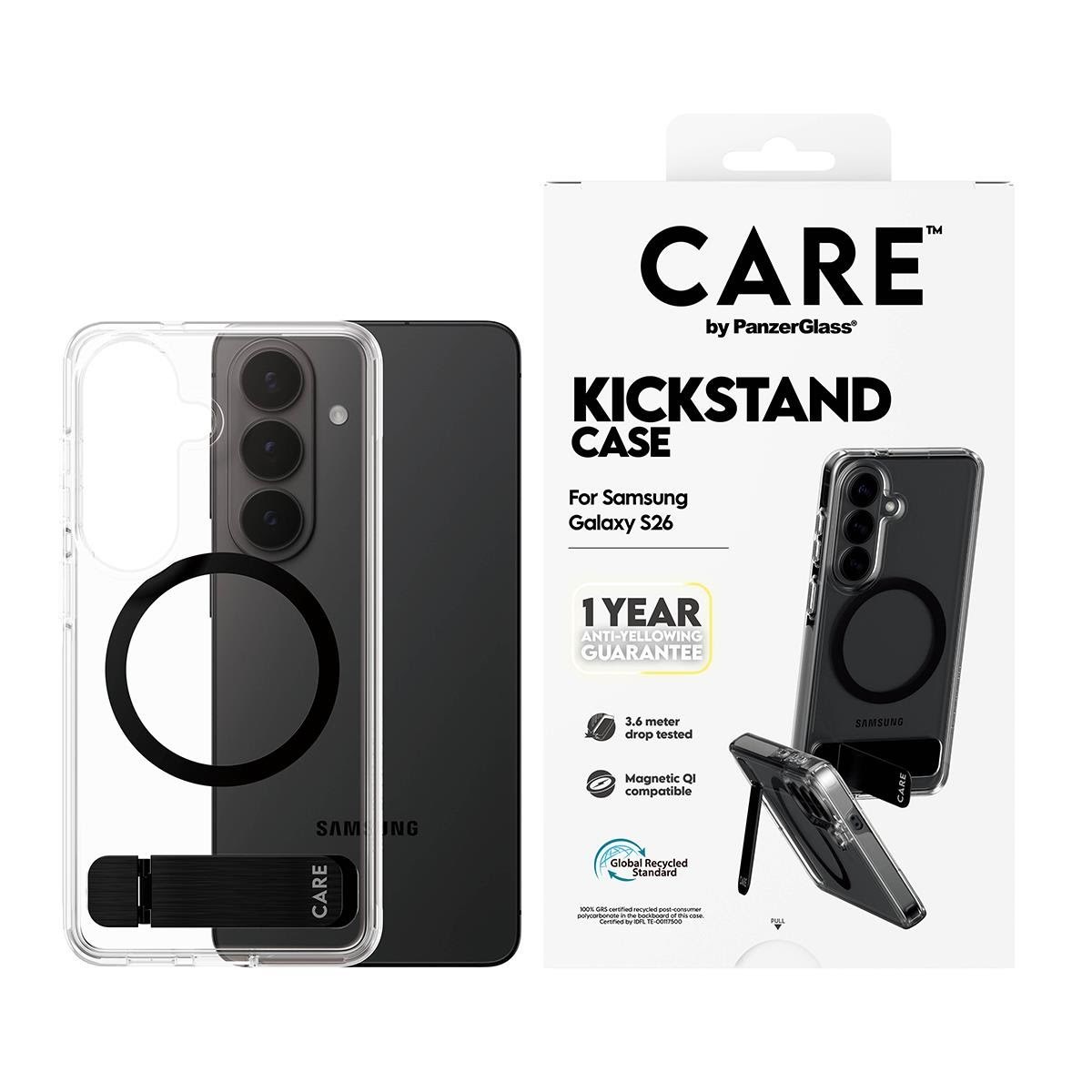 CARE by PanzerGlass Urban Explorer Case Transparent w. Black Kickstand & Qi Samsung Galaxy S26