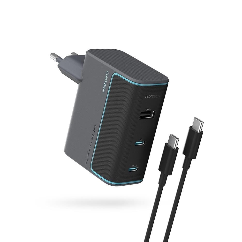 CUKTECH CUKAD1003EUG GaN 100W Wall Charger 2 x USB-C 1 x USB-A with USB-C Cable - Grey