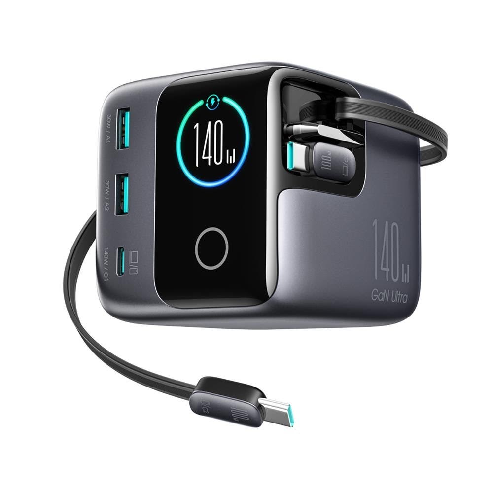 Joyroom Podix JR-TRD01 GaN 140W Desktop Charger with 5 Ports and Dual Retractable Cables - Gray Mobil Oplader