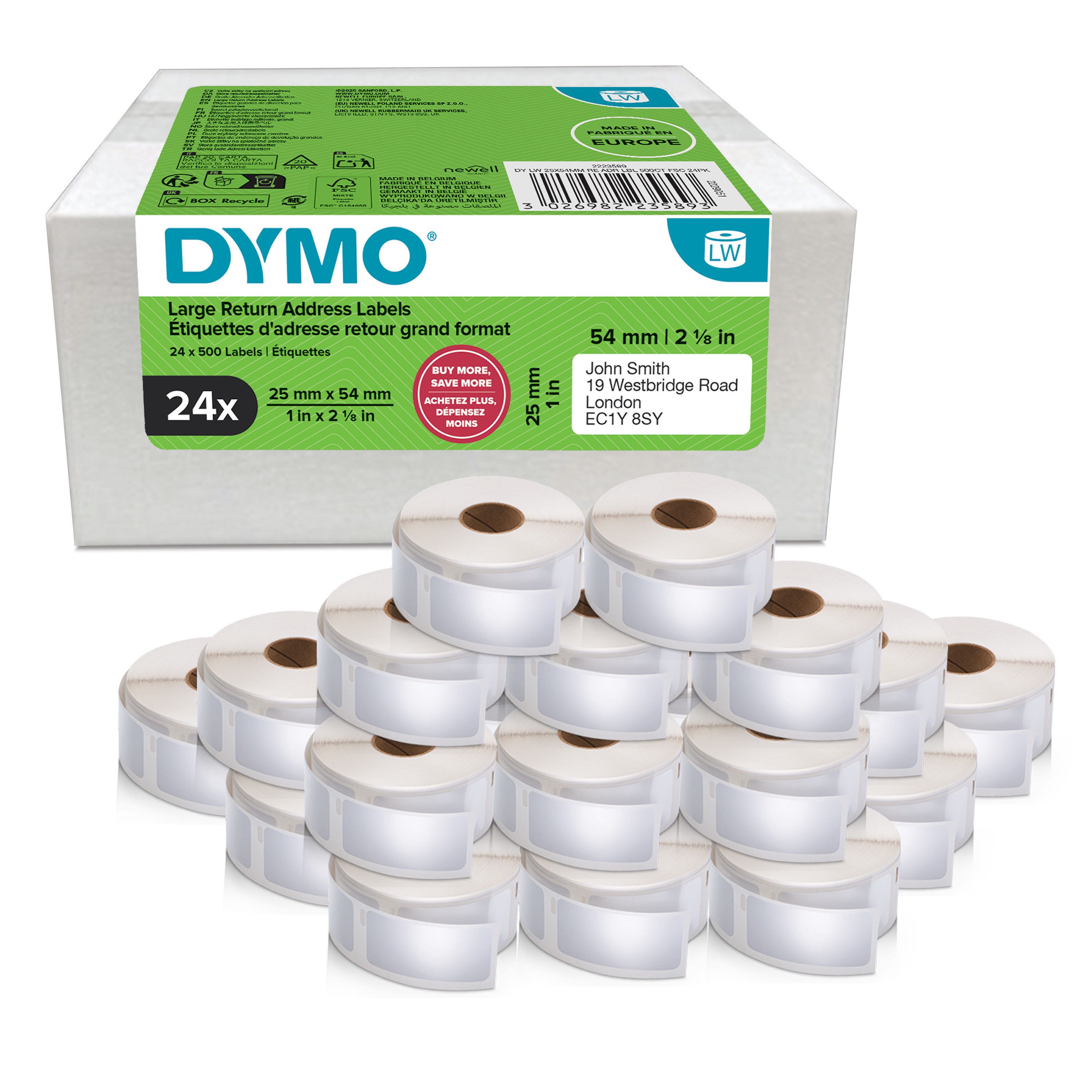 DYMO LabelWriter 25 mm x 54 mm store returadresseetiketter, hvide, 24 ruller á 500 etiketter Fotopapir 2223589