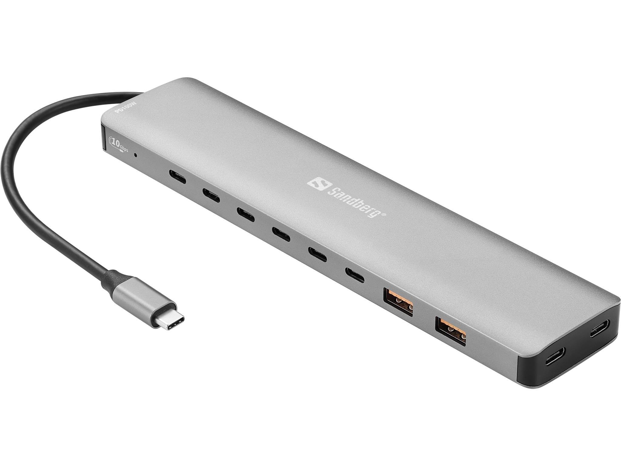 Sandberg USB-C to 8xUSB-C+2xUSB-A 100W USB hub - 10 ports - Grå Usb Hub 136-80