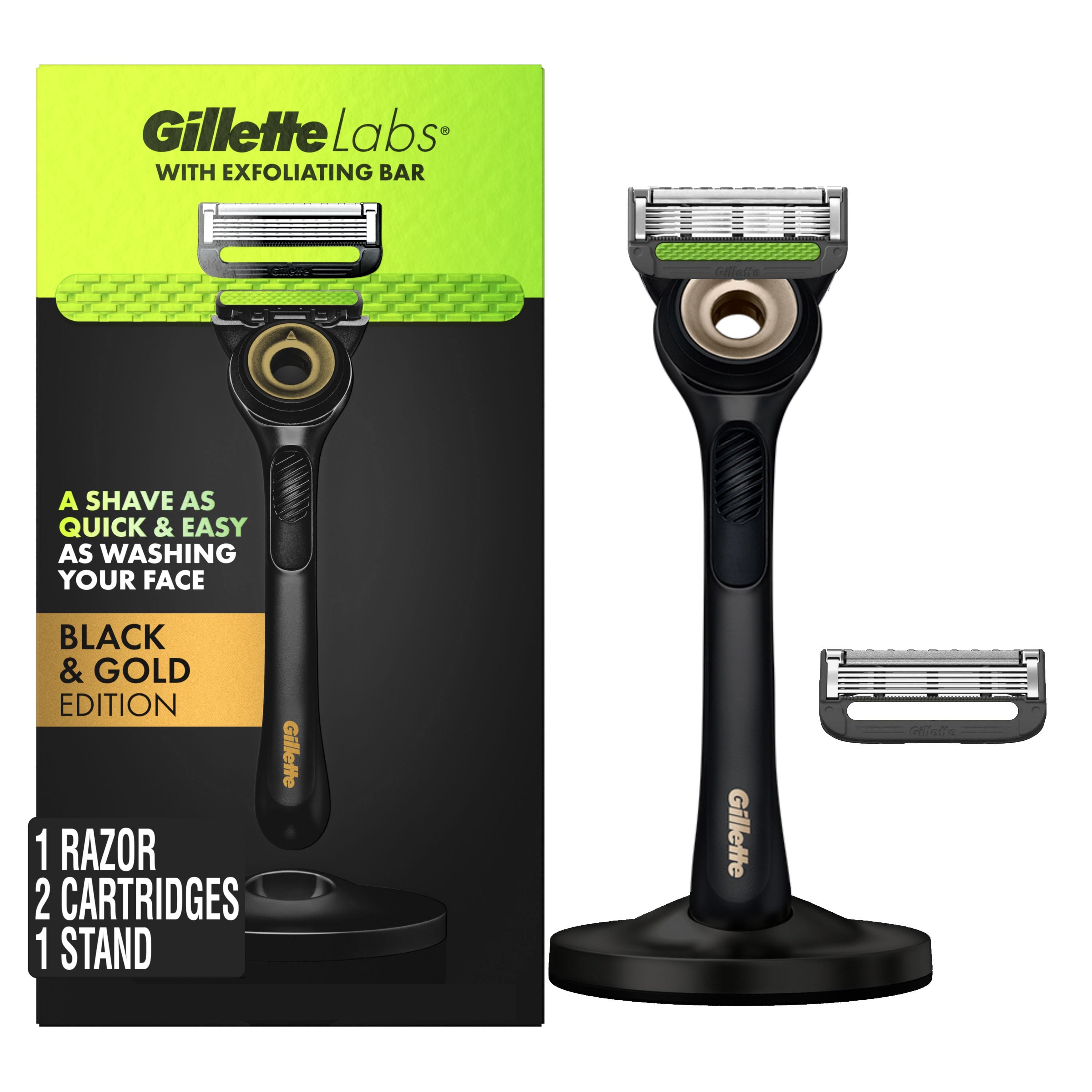 Gillette Exfoliating Bar Razor Black and Gold Edition (2 Count + Handle + Stand)