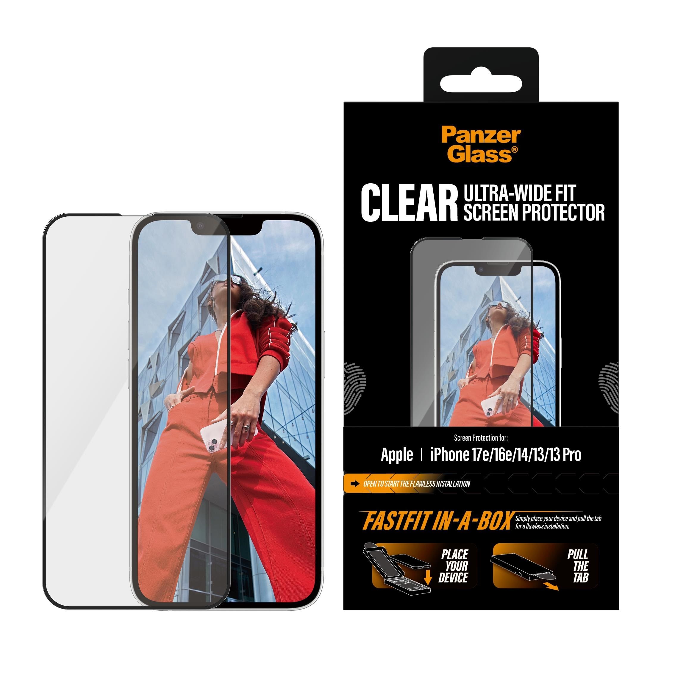 PanzerGlass Screen Protector iPhone 17e | 16e | 14 | 13 | 13 Pro | Ultra-Wide Fit w. FASTFIT IN-A-BOX Beskyttelsesglas PG65668