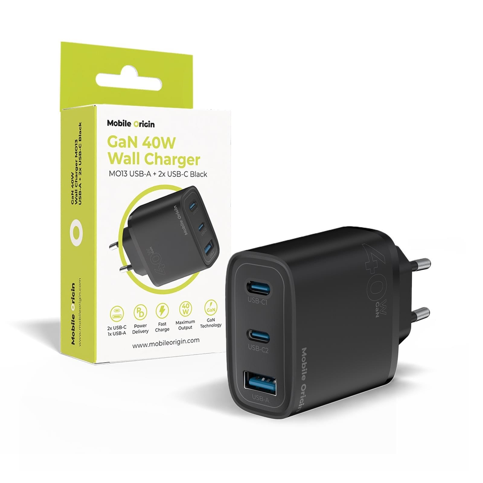 Mobile Origin GaN 40W Wall Charger MO13 - black - 1 USB-A + 2 USB-C Mobil Oplader FRL-GAN40W-MO13-BLK