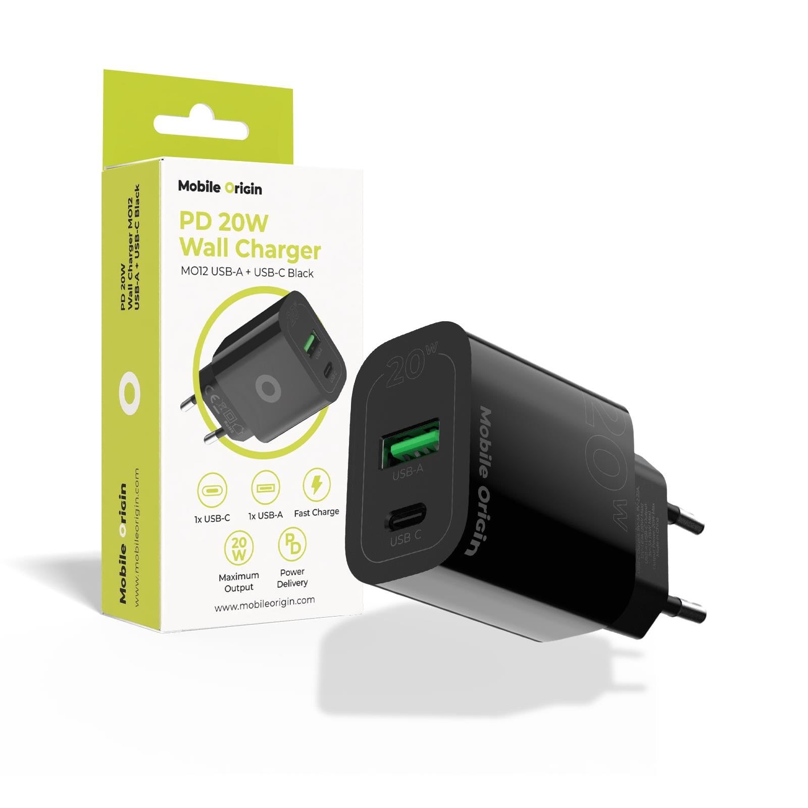 Mobile Origin PD20W Wall Charger MO12 - black - 1 USB-A + 1 USB-C Mobil Oplader FRL-PD20W-MO12-BLK
